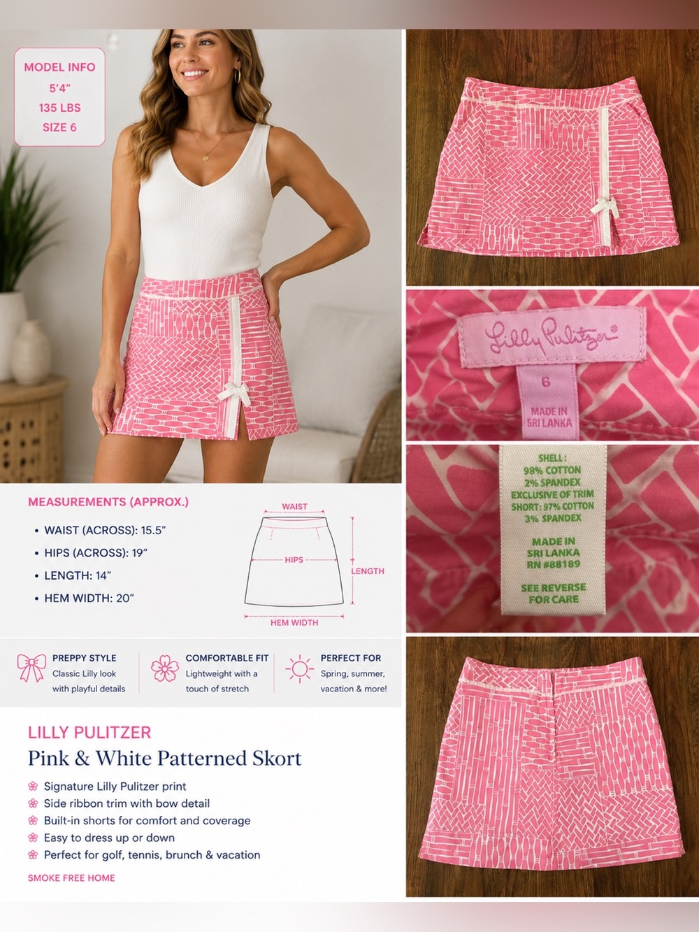 Lilly Pulitzer Pink & White Patterned Skort – Size 6